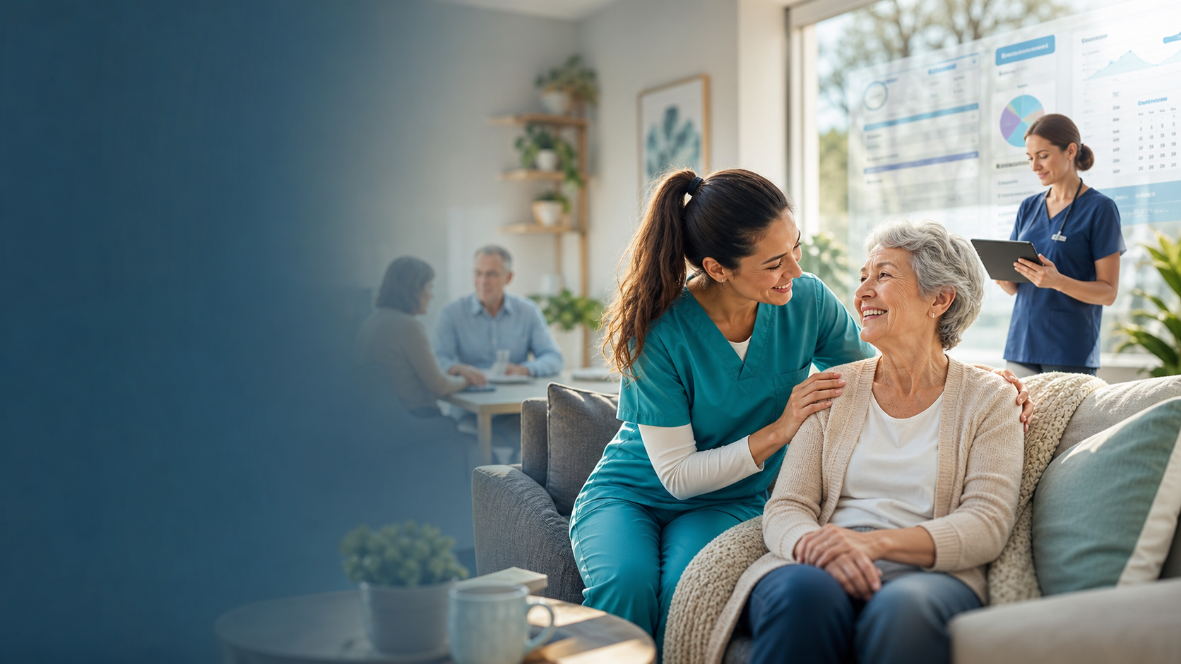 Care worker helping an aged care client use a tablet